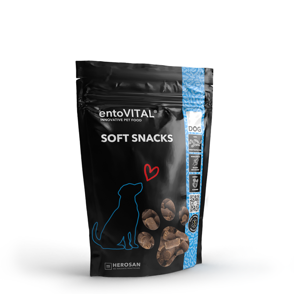 Foto der Verpackung von entoVITAL® DOG Soft Snacks, die 100 g leckere und nahrhafte Kibbles für Hunde enthält. Die Packung ist ideal dimensioniert für die Lagerung und einfache Handhabung, und bietet eine schnelle und praktische Möglichkeit, Ihren Hund mit qualitativ hochwertigen Snacks zu belohnen.
