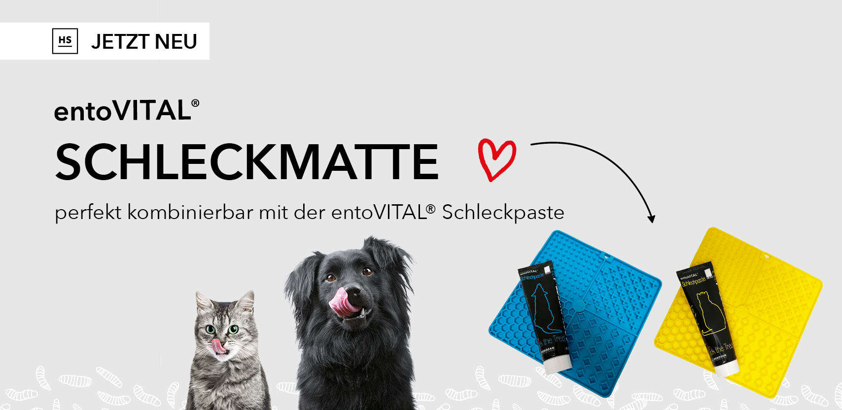 Ein Sliderbild für die entoVITAL DOG und CAT Schleckmatte für Hunde und Katzen. Das Bild stellt die Schleckmatten, Schleckpasten und einen Hund und eine Katze dar, die sich das Gesicht abschlecken.