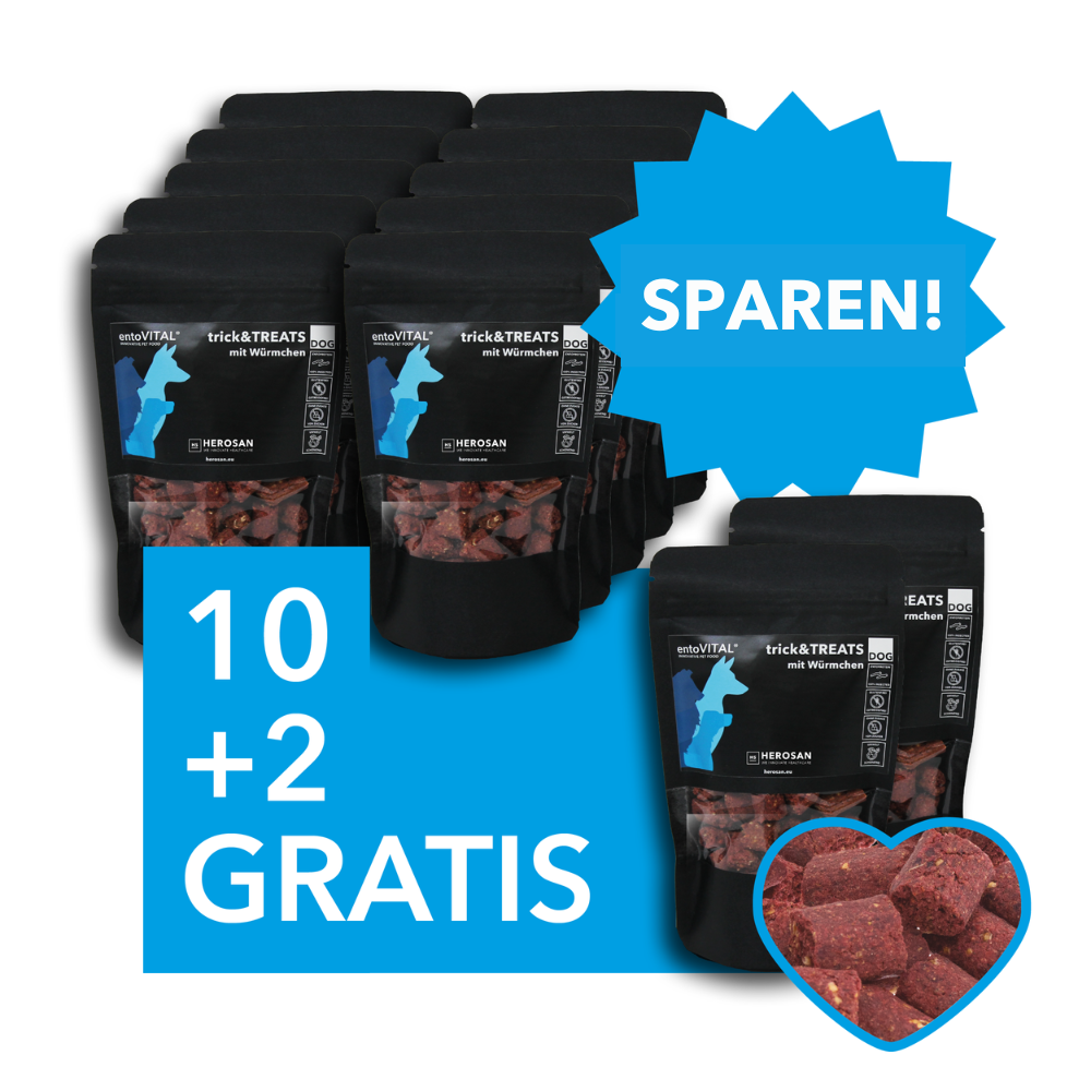 Foto der 10+2 Vorteilspackung entoVITAL® DOG trick&treats, das 12 Packungen der 100 g Snacks für Hunde zeigt. Diese leckeren, hypoallergenen Snacks sind ideal fürs Training oder als besondere Belohnung und kommen zum Preis von 10 Packungen, ermöglicht Einsparungen bei der Bestellung dieser Variante.