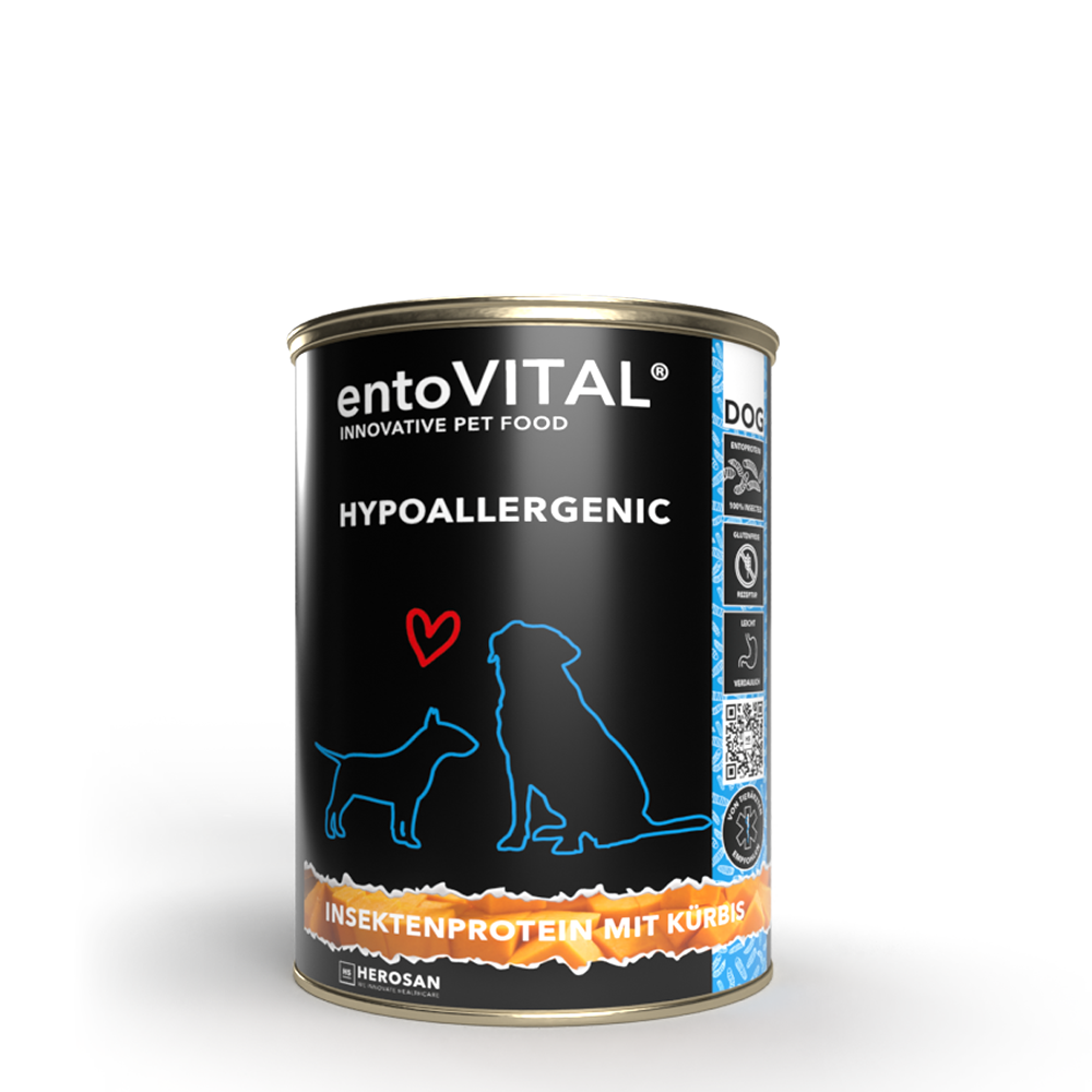 Einzelne Dose von entoVITAL DOG HYPOALLERGENIC Nassfutter 410 g, Insektenprotein mit Kürbis
