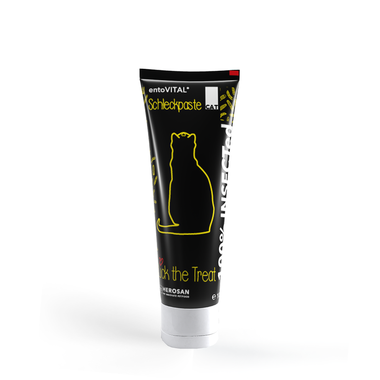 Foto der entoVITAL CAT Schleckpaste, die 100 g hypoallergene Insektenpaste in Premium Qualität für Katzen enthält. Ideal für die Verabreichung von Medikamenten oder als Snack für Zwischendurch, besonders bei Allergien und Unverträglichkeiten. Die Tube ermöglicht eine saubere und präzise Dosierung der Paste.