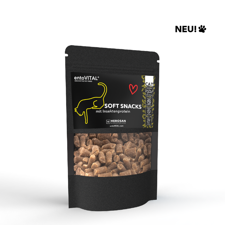 Foto der Verpackung von entoVITAL® CAT Soft Snacks, die 100 g leckere und nahrhafte Kibbles für Katzen enthält. Die Packung ist ideal dimensioniert für die Lagerung und einfache Handhabung, und bietet eine schnelle und praktische Möglichkeit, Ihre Katze mit qualitativ hochwertigen Snacks zu belohnen.