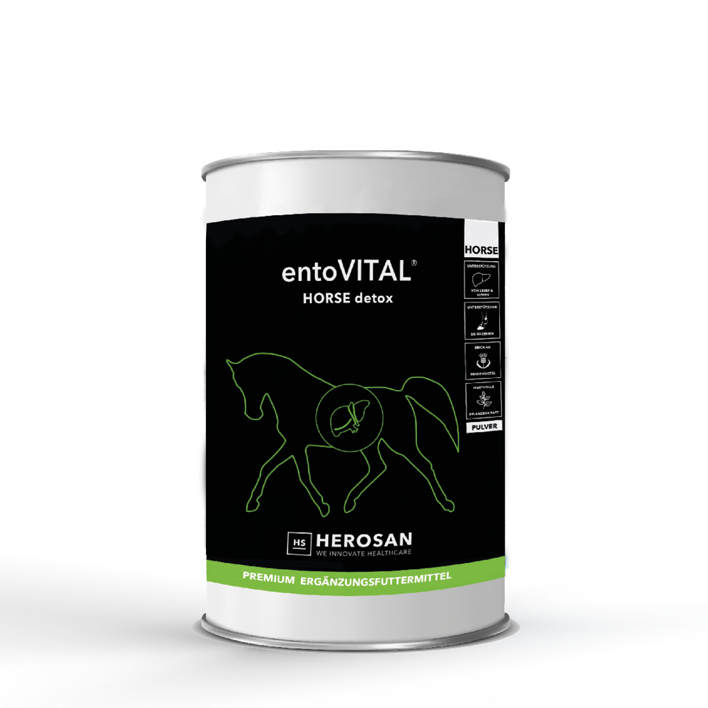 Foto der geschlossenen 900g Dose von entoVITAL® HORSE detox, die ein hellbraunes Pulver als Ergänzungsfuttermittel für Pferde enthält. Das Produkt ist reich an Neem, Sylimarin sowie anderen Mineralstoffen und Aminosäuren, und wurde speziell entwickelt zur Unterstützung der Leber und des Stoffwechsels von Pferden