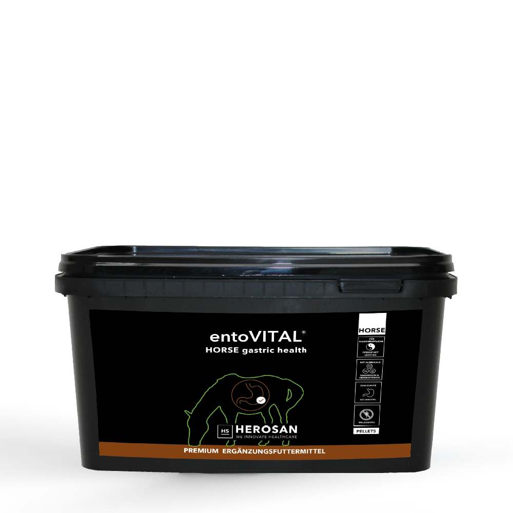 Foto des geschlossenen 4kg Eimers von entoVITAL® HORSE gastric health, der melassefreie, dopingfreie Ergänzungsfuttermittel-Pellets für Pferde enthält. Das Produkt ist reich an Puffersubstanzen, magenberuhigenden Kräutern und Vitaminen und wurde speziell zur Unterstützung der Magengesundheit von Pferden entwickelt.