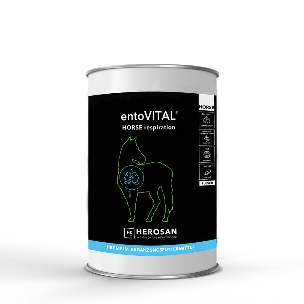 Foto der geschlossenen 750g Dose von entoVITAL® HORSE respiration, die ein feines, braunes Pulver als Ergänzungsfuttermittel für Pferde enthält. Das Produkt wurde speziell entwickelt, um die Atemwege von Pferden zu unterstützen und beinhaltet eine sorgfältig ausgewählte Mischung aus Kräutern sowie Vitamin C und Vitamin E.