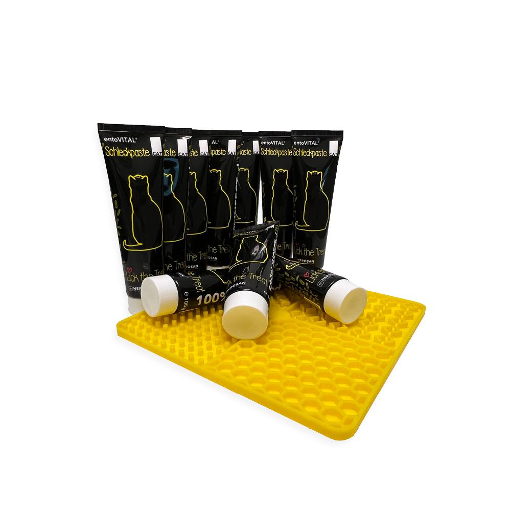 Produktfoto des entoVITAL CAT Schleckpasten Kombipakets: 10 Stück Schleckpasten inklusive Schleckmatte