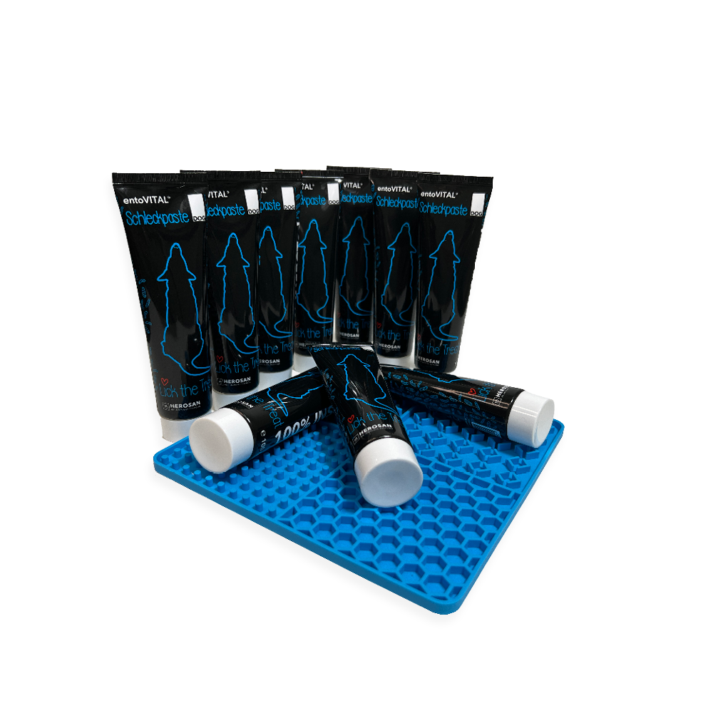Produktfoto des entoVITAL DOG Schleckpasten Kombipakets: 10 Stück Schleckpasten inklusive Schleckmatte